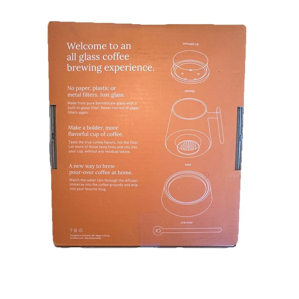 Pure Over All Glass Pour-Over Coffee Maker with Black Base Glass Stir Stick New